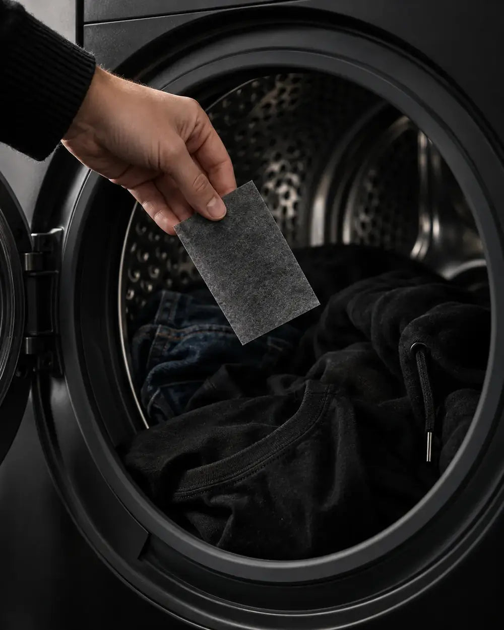 A hand dropping one Stryp Dark sheet into a drum of black clothes