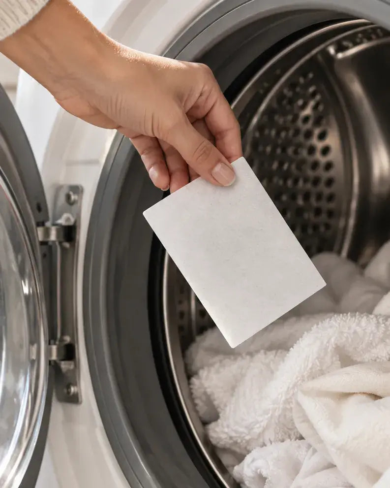 A hand dropping one Stryp sheet into a washing machine drum