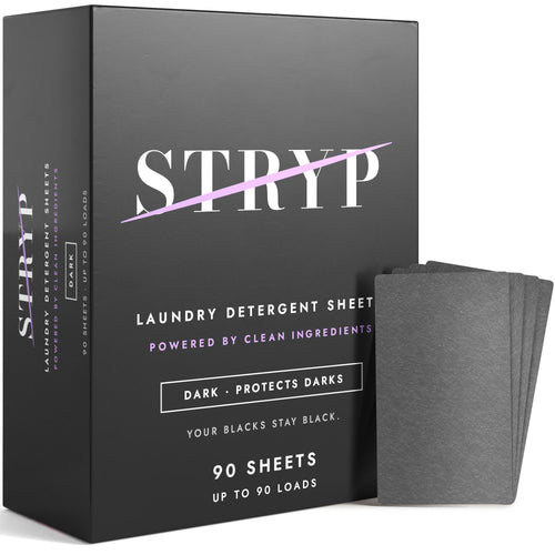 Stryp Dark 90-sheet box of laundry detergent sheets with charcoal sheets
